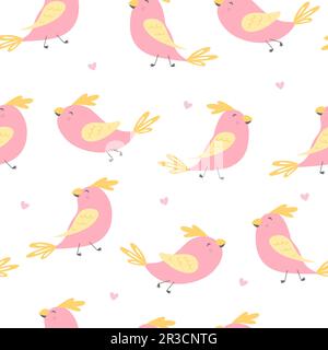 Cute pink bird with hearts. Cute seamless pattern for wrapping paper, wallpapers, prints for childish textiles, pillows, cards, t-shirts. Stock Vector