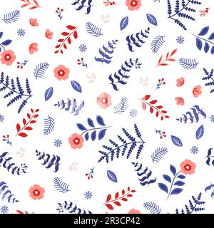 Hand-drawn floral winter seamless pattern with Christmas tree branches, berries and flowers. Stock Vector