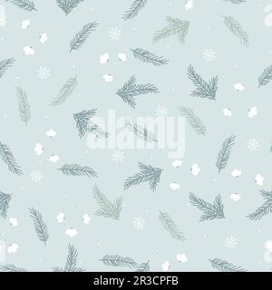 Simple christmas seamless pattern with white flowers and twig pine Stock Vector