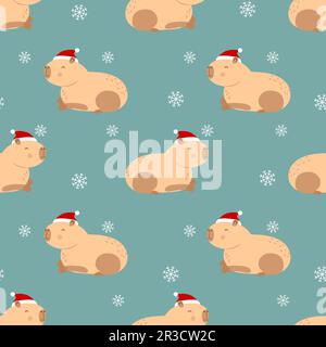 Seamless pattern with capybara in red hat and snowflakes Stock Vector
