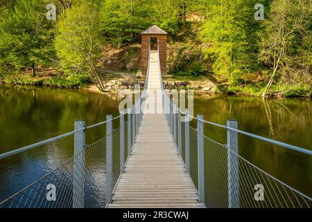 Hanging bridge over Semois river in Bouillon, Ardennes, Belgium Stock Photo