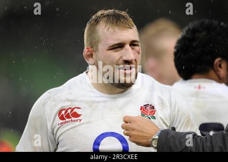 A bruised but happy Joe Marler of England after winning the RBS 6 Nations match between Ireland and England at the Aviva Stadium, Dublin on Sunday 10 Stock Photo