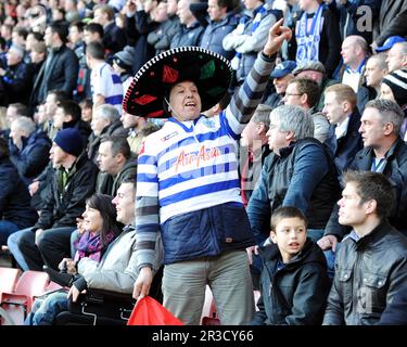 A Moroccan Queens Park Rangers fan in a sombrero taunts the Southampton fans during the Barclays Premier League match between Southampton and Queens P Stock Photo