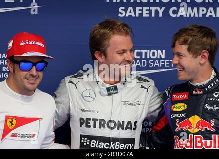 Fernando Alonso (ESP), Scuderia Ferrari, Nico Rosberg (GER), Mercedes GP and Sebastian Vettel (GER), Red Bull Racing 20.04.2013. Formula 1 World Champ Stock Photo