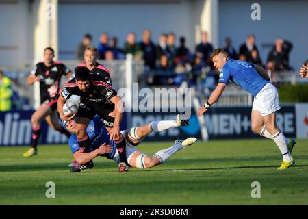 Paul Williams of Stade Francais is tackled by Rhys Ruddock of Leinster  during the Amlin Challenge Cup Final between Leinster Rugby and Stade Francais Stock Photo