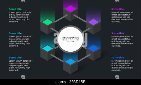 Infographic template with 6 options or steps. Dark Cube. Can be used for workflow layout, diagram, banner, webdesign. Vector illustration Stock Vector