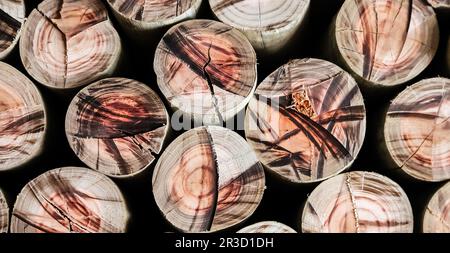 Pile of round chopped logs of wood texture pattern Stock Photo