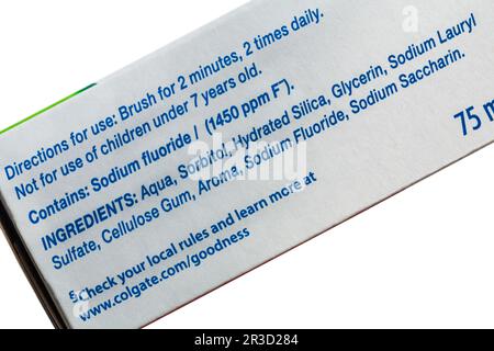 Toothpaste ingredients listed on box of Colgate White Teeth toothpaste for naturally whiter teeth, directions for use Stock Photo