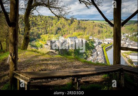 Medieval Bouillon castle and the city of Bouillon in belgian Ardennes seen from the observation point at the hill top Stock Photo