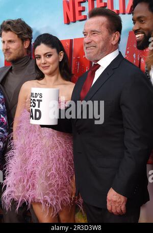 Los Angeles, USA. 22nd May, 2023. Monica Barbaro and Arnold Schwarzenegger arriving to the Los Angeles premiere of the Netflix series “FUBAR” held at The Grove on May 22, 2023 in Los Angeles, CA. © Lisa OConnor/AFF-USA.com Credit: AFF/Alamy Live News Stock Photo