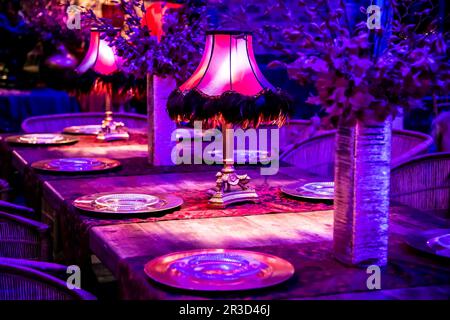 Decor with candles and lamps for corporate event or gala dinner Stock Photo