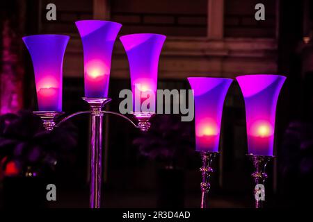 Decor with candles and lamps for corporate event or gala dinner Stock Photo