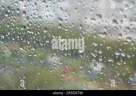 Raindrops on window view in Kota Kinabalu, Malaysia. Stock Photo