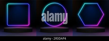 Set of podiums with gradient neon frames on background for your arts. Three Cylinder Podium with Round, Hexagon and Square Neon Farmes. Vector art Stock Vector