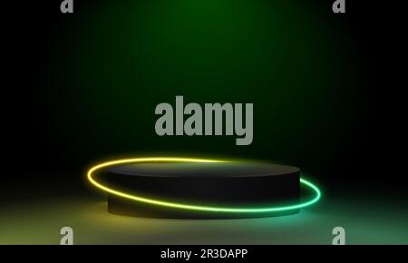 Abstract cosmic vibrant color podium backdrop. Glowing neon lighting on dark background with copy space. Top view futuristic style. Neon podium glow Stock Vector