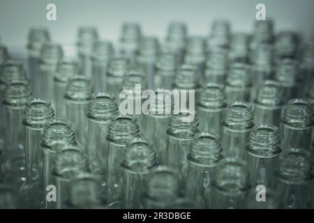 Empty glass bottles.UK glass packaging industry reaches crisis point - packaging recovery note PRN system is encouraging the export of glass Stock Photo