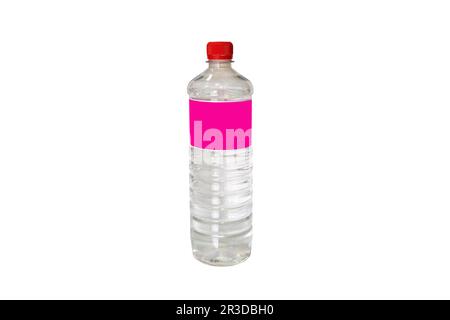 plastic bottles with pure spring water on isolated background.with red plastic cover. Stock Photo