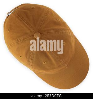 Visor cap in brown colored cotton. Fashion accessory for casual wear, sport, work, gardening or fun. Top view isolated on white background. Hat to pro Stock Photo