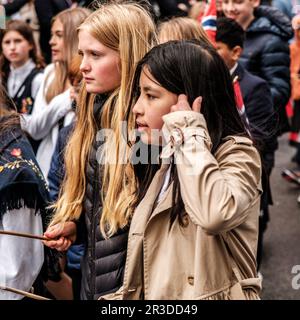 Sandnes, Norway, May 17 2023, Teenage Girls Watching Street Parades On Norwegian Independence Day Stock Photo