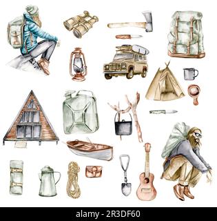 Watercolor set of traveling in the mountains with tents, climbing boots, ax, bowler hat, mug, lantern, campfire, tourist backpack Stock Photo