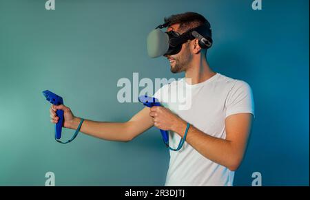 Man using a gaming gadget for virtual reality Stock Photo