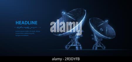 Abstract 3d satellite antenna. Radio telecommunication, astronomical telescope, military radar, universe research observatory, data transmit Stock Vector