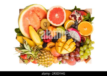 The set of tropical fruits stacked for delivery Stock Photo