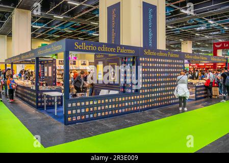 Turin, Italy - May 22, 2023:  Sellerio publisher Palermo  exhibition stand at the 35th Turin International Book Fair. Sellerio is famous Italian publi Stock Photo
