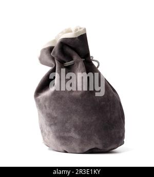 Gray suede pouch with drawstring isolated on white background. Stock Photo
