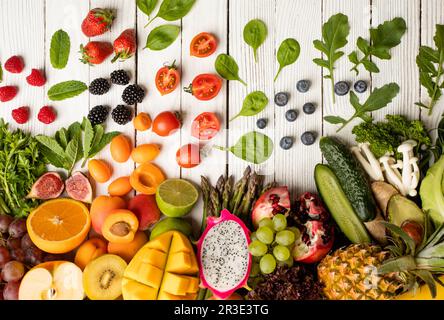 Vegetarian composition of fresh vegetables and fruits Stock Photo
