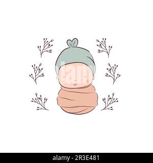 Cute sleeping newborn baby. Ideal for cards. Stock Vector