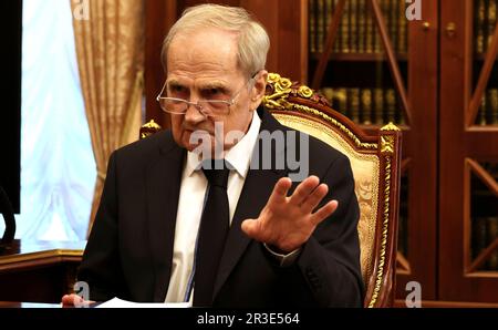 Moscow, Russia. 23rd May, 2023. Russian Constitutional Court Chairman Valery Zorkin responds during a meeting hosted by President Vladimir Putin at the Kremlin, May 23, 2023 in Moscow, Russia. Credit: Mikhail Klimentyev/Kremlin Pool/Alamy Live News Stock Photo