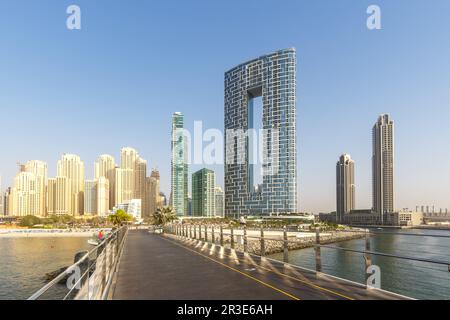 Dubai Jumeirah Beach JBR Beach Sea Marina Skyline Architecture Vacation in United Arab Emirates Stock Photo