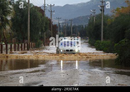 Bodrum, Mugla, Turkey. January 02, 2014: Heavy rain that fell on the popular holiday resort Bodrum created a small-scale flood. some houses and cars o Stock Photo