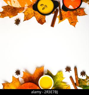 Autumn food. Frame of pumpkin puree soup, leaves. Top view. Autumn harvest, pumpkins, leaves on grey as abstract background. Tha Stock Photo