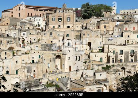 Dramatic views looking out above the rooftops of the Sassi of Matera, Basilicate region, Italy Stock Photo