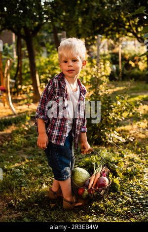 The toddler examines a basket of vegetables Stock Photo