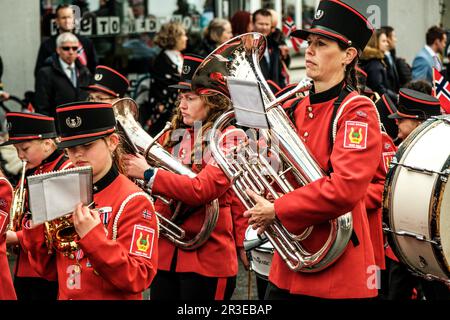 Sandnes, Norway, May 17 2023, Woman And Childrens Marching Band Parade Norway Independence Day Celebrations Stock Photo