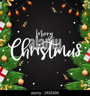 Christmas background with shining New Year garlands. Lettering Merry Christmas card Stock Photo