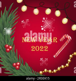 Merry Christmas and Happy New Year. Trendy holiday greeting card with lettering, Christmas tree and pine tree, garland Stock Photo