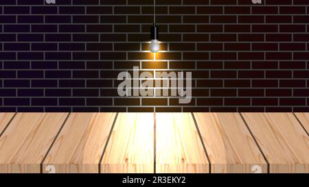 Dark brick and shelf table wall illuminated by lamps, vector illustration. Stock Vector