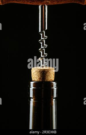 Corkscrew screwed into the cork in the bottle of wine Stock Photo