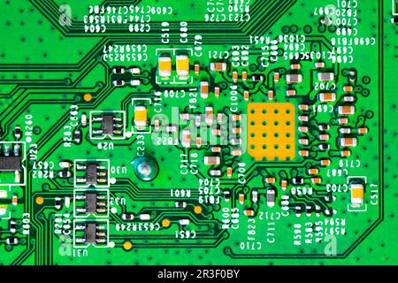 Close up of components and microchips on PC circuit board Stock Photo