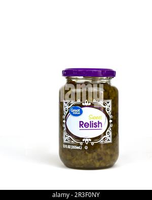 Jar of Great Value brand sweet relish, a pickle relish on a white background. USA. Stock Photo
