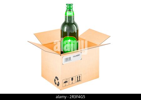 Crate with beer bottles, 3D rendering isolated on white background