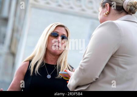 Washington, United States. 23rd May, 2022. Rep. Marjorie Taylor Greene, R-GA, speaks to the press outside the U.S. Capitol in Washington, DC on Tuesday, May 23, 2023. Photo by Bonnie Cash/UPI. Credit: UPI/Alamy Live News Stock Photo