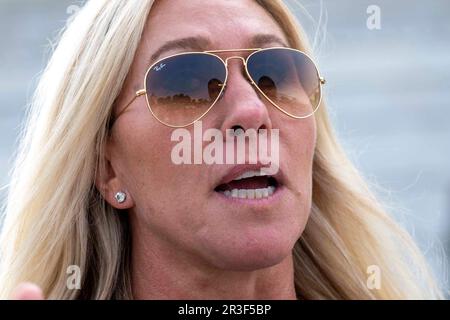 Washington, United States. 23rd May, 2022. Rep. Marjorie Taylor Greene, R-GA, speaks to the press outside the U.S. Capitol in Washington, DC on Tuesday, May 23, 2023. Photo by Bonnie Cash/UPI. Credit: UPI/Alamy Live News Stock Photo