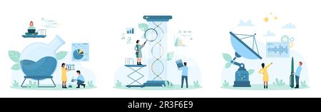 Science research set vector illustration. Cartoon tiny people study chemistry with test tubes in chemical laboratory, analyze DNA and genes with magnifying glass, receive signals by parabolic antenna Stock Vector