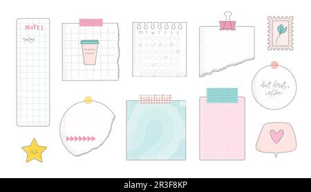 Set of paper notes, schedule, to-do list, planner, memories vector illustrations. Cute memo template for stickers. Stock Vector