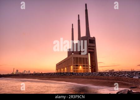 The decommissioned thermal power station at Sant Adria near Barcelona at sunset Stock Photo